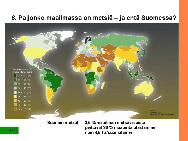 6. Paljonko maailmassa on metsiä – ja entä Suomessa? Suomen metsät: 11/(17) 0, 5