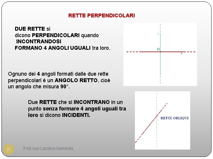 RETTE PERPENDICOLARI DUE RETTE si dicono PERPENDICOLARI quando INCONTRANDOSI FORMANO 4 ANGOLI UGUALI tra