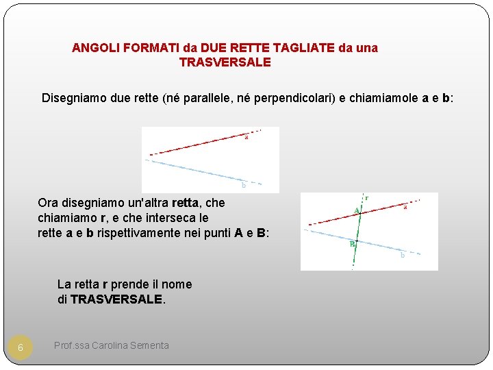 ANGOLI FORMATI da DUE RETTE TAGLIATE da una TRASVERSALE Disegniamo due rette (né parallele,