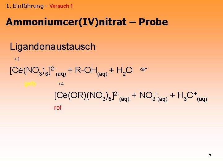 1. Einführung - Versuch 1 Ammoniumcer(IV)nitrat – Probe Ligandenaustausch +4 [Ce(NO 3)6]2 -(aq) +