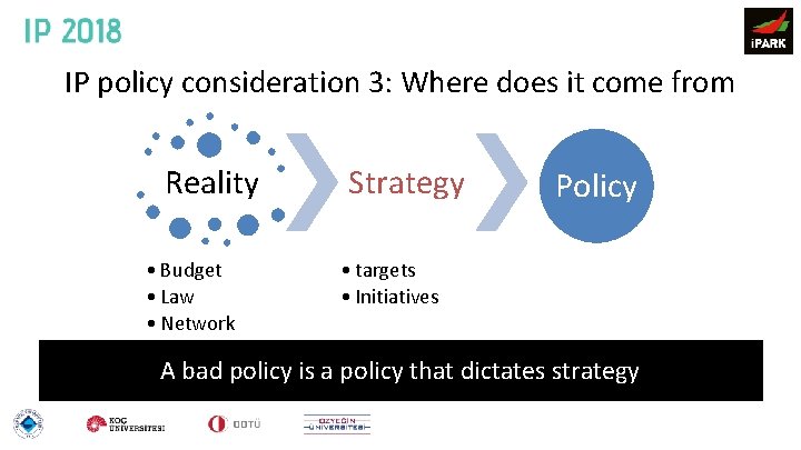 IP policy consideration 3: Where does it come from Reality • Budget • Law