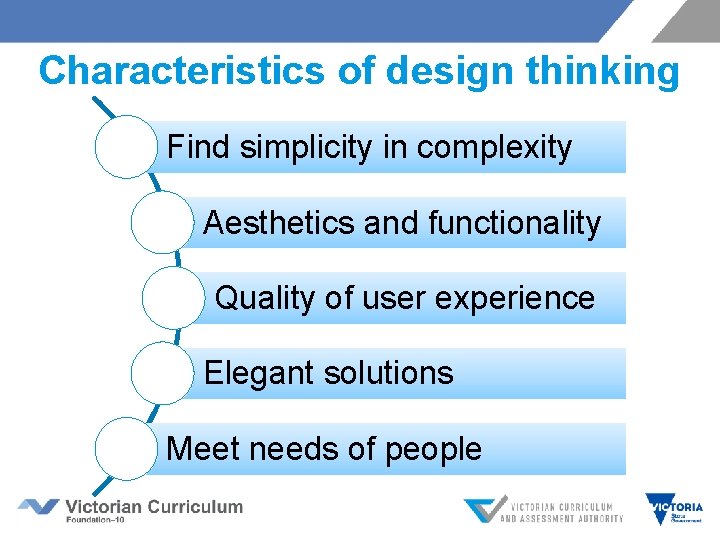 Characteristics of design thinking Find simplicity in complexity Aesthetics and functionality Quality of user