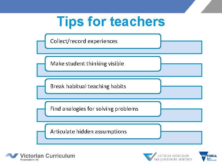 Tips for teachers Collect/record experiences Make student thinking visible Break habitual teaching habits Find