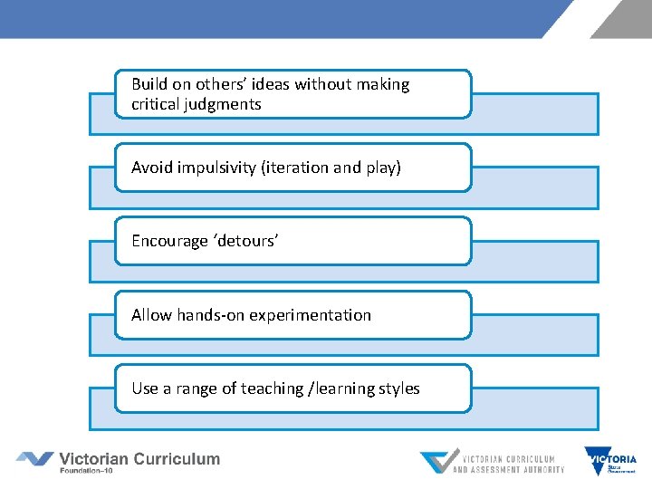 Build on others’ ideas without making critical judgments Avoid impulsivity (iteration and play) Encourage