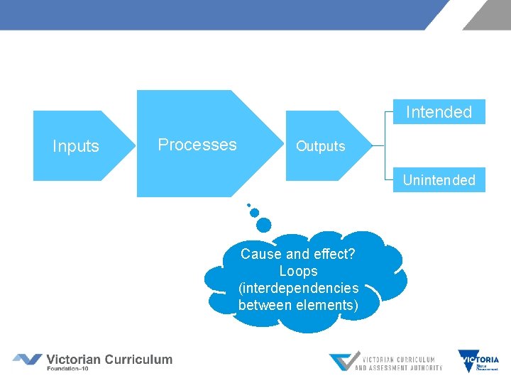 Intended Inputs Processes Outputs Unintended Cause and effect? Loops (interdependencies between elements) 