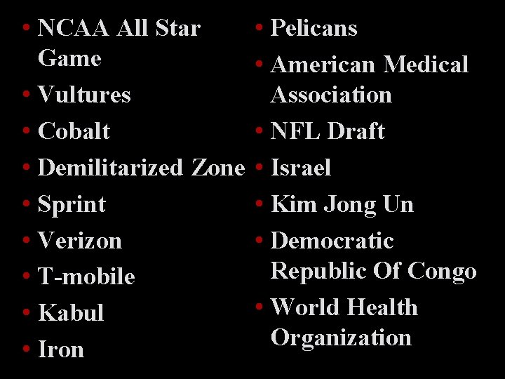  • NCAA All Star Game • Vultures • Cobalt • Demilitarized Zone •