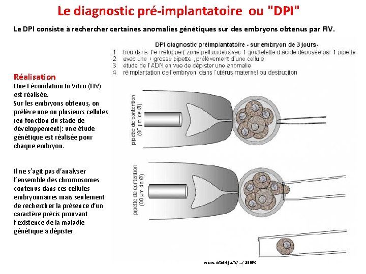  Le diagnostic pré-implantatoire ou "DPI" Le DPI consiste à recher certaines anomalies génétiques