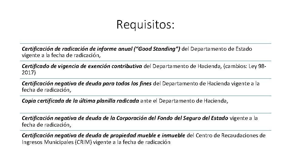 Requisitos: Certificación de radicación de informe anual (“Good Standing”) del Departamento de Estado vigente