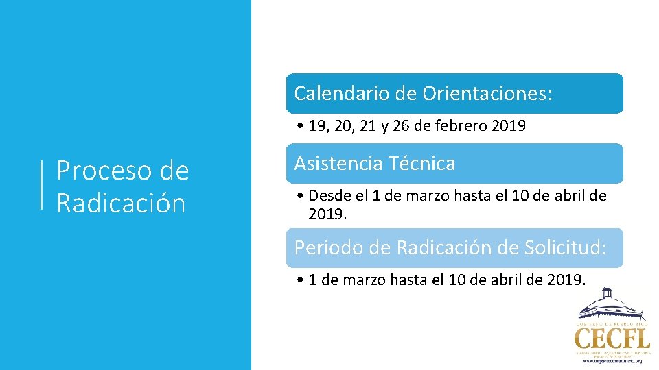 Calendario de Orientaciones: • 19, 20, 21 y 26 de febrero 2019 Proceso de