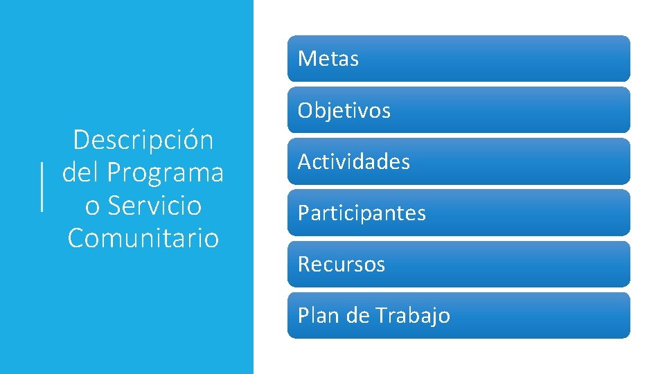 Metas Descripción del Programa o Servicio Comunitario Objetivos Actividades Participantes Recursos Plan de Trabajo