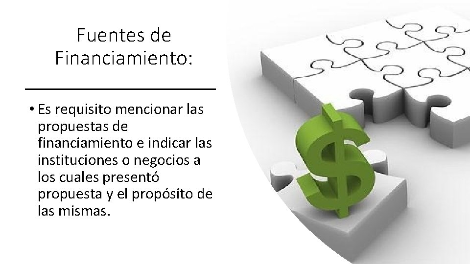 Fuentes de Financiamiento: • Es requisito mencionar las propuestas de financiamiento e indicar las