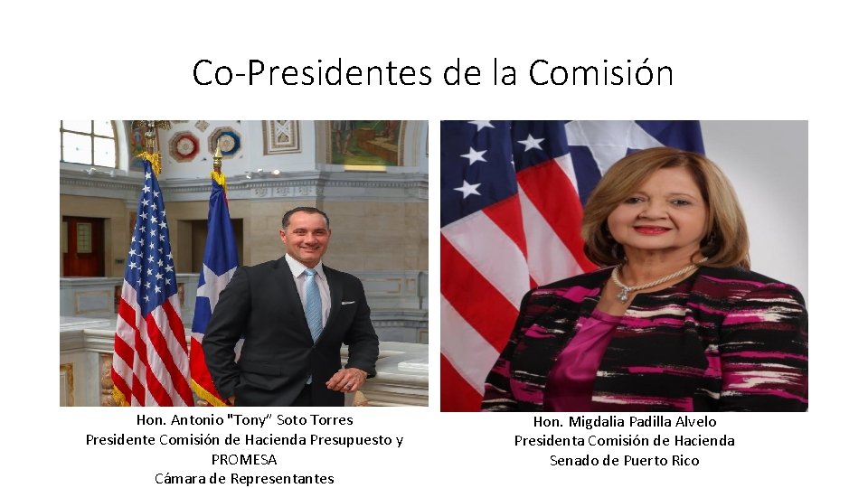 Co-Presidentes de la Comisión Hon. Antonio "Tony” Soto Torres Presidente Comisión de Hacienda Presupuesto
