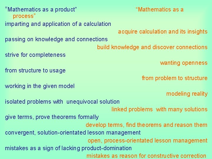 “Mathematics as a product” “Mathematics as a process” imparting and application of a calculation