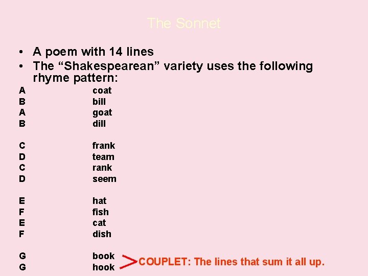 The Sonnet • A poem with 14 lines • The “Shakespearean” variety uses the