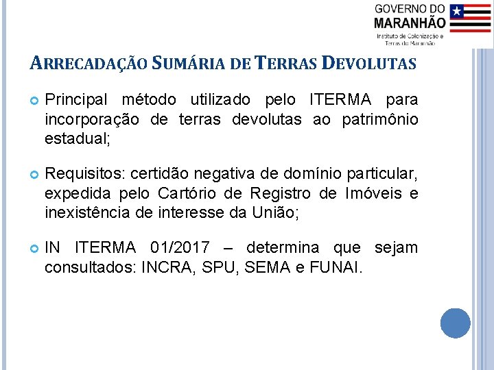 ARRECADAÇÃO SUMÁRIA DE TERRAS DEVOLUTAS Principal método utilizado pelo ITERMA para incorporação de terras