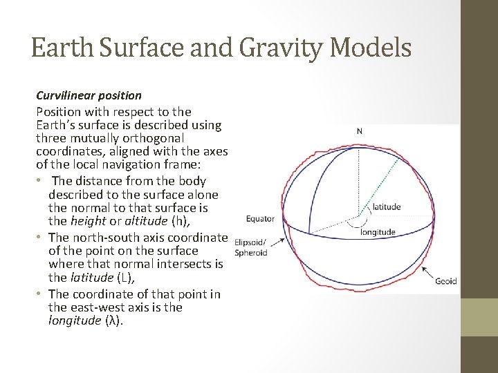 Earth Surface and Gravity Models Curvilinear position Position with respect to the Earth’s surface