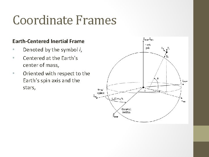 Coordinate Frames Earth-Centered Inertial Frame • Denoted by the symbol i, • Centered at