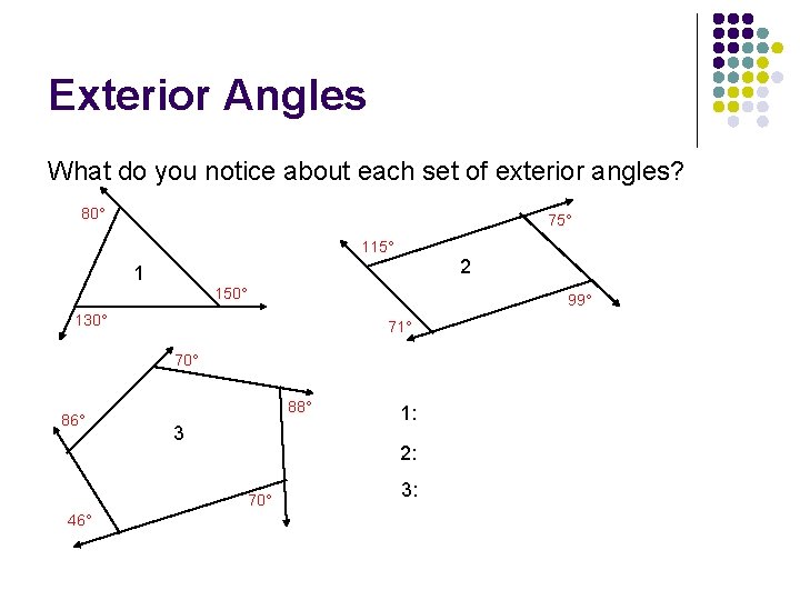 Exterior Angles What do you notice about each set of exterior angles? 80° 75°