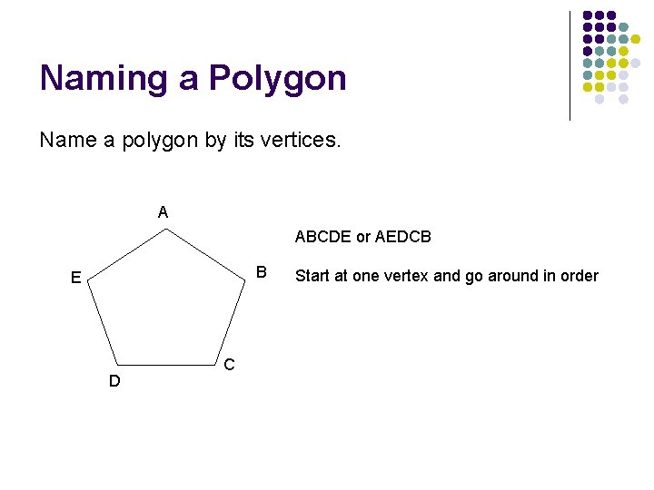 Naming a Polygon Name a polygon by its vertices. A ABCDE or AEDCB B