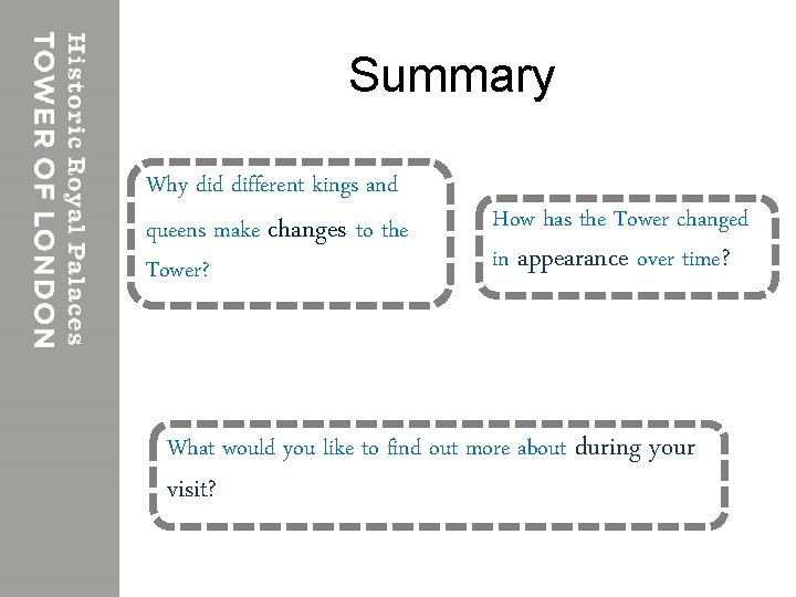 Summary Why did different kings and queens make changes to the Tower? How has