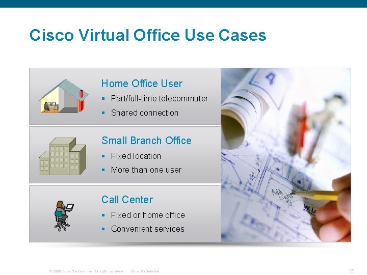 Cisco Virtual Office Use Cases Home Office User § Part/full-time telecommuter § Shared connection