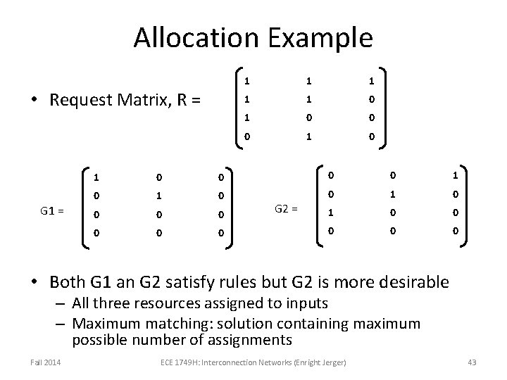 Allocation Example • Request Matrix, R = G 1 = 1 1 1 0