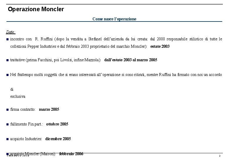 Operazione Moncler Come nasce l’operazione Date: ■ incontro con R. Ruffini (dopo la vendita