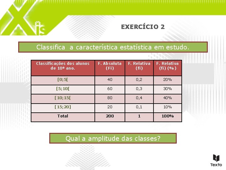 EXERCÍCIO 2 Classifica a característica estatística em estudo. Classificações dos alunos de 10º ano.