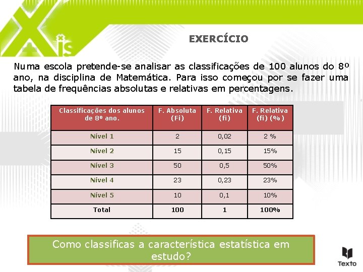 EXERCÍCIO Numa escola pretende-se analisar as classificações de 100 alunos do 8º ano, na