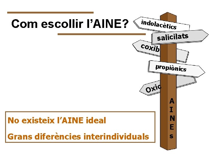 Com escollir l’AINE? indolac ètics salicilats coxib propiònics c Oxi No existeix l’AINE ideal