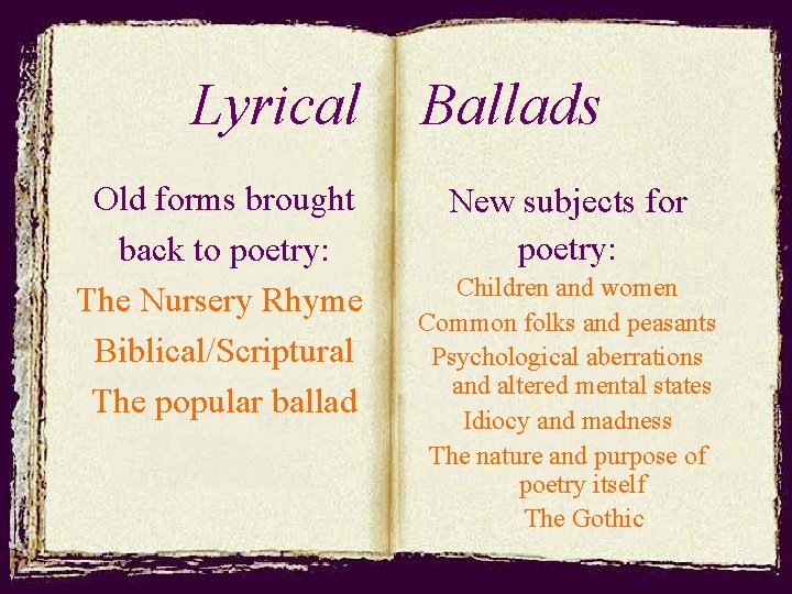 Lyrical Ballads Old forms brought back to poetry: The Nursery Rhyme Biblical/Scriptural The popular