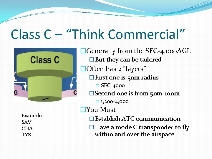 Class C – “Think Commercial” �Generally from the SFC-4, 000 AGL �But they can Class C – “Think Commercial” �Generally from the SFC-4, 000 AGL �But they can