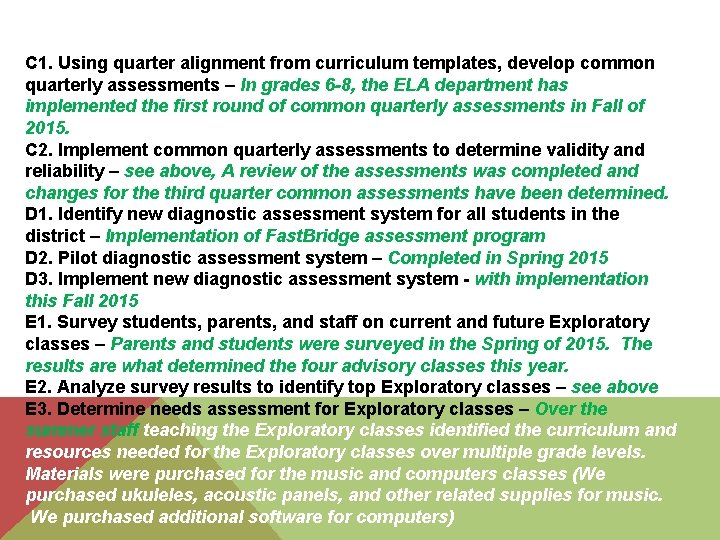 C 1. Using quarter alignment from curriculum templates, develop common quarterly assessments – In