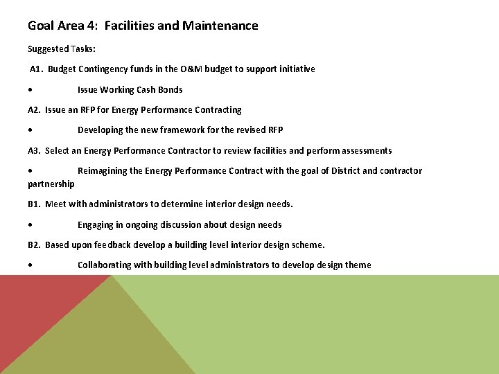 Goal Area 4: Facilities and Maintenance Suggested Tasks: A 1. Budget Contingency funds in