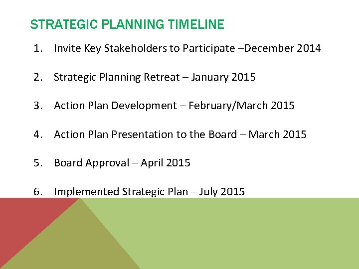 STRATEGIC PLANNING TIMELINE 1. Invite Key Stakeholders to Participate –December 2014 2. Strategic Planning