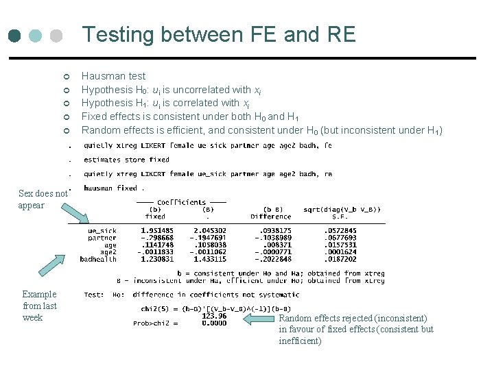 Testing between FE and RE ¢ ¢ ¢ Hausman test Hypothesis H 0: ui Testing between FE and RE ¢ ¢ ¢ Hausman test Hypothesis H 0: ui