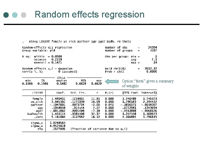 Random effects regression Option “theta” gives a summary of weights Random effects regression Option “theta” gives a summary of weights