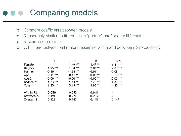 Comparing models ¢ ¢ Compare coefficients between models Reasonably similar – differences in “partner” Comparing models ¢ ¢ Compare coefficients between models Reasonably similar – differences in “partner”