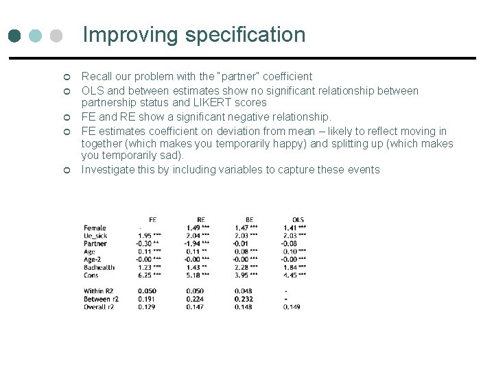 Improving specification ¢ ¢ ¢ Recall our problem with the “partner” coefficient OLS and Improving specification ¢ ¢ ¢ Recall our problem with the “partner” coefficient OLS and
