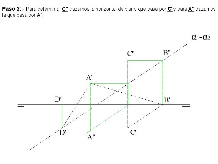 Paso 2: . - Para determinar C'' trazamos la horizontal de plano que pasa Paso 2: . - Para determinar C'' trazamos la horizontal de plano que pasa