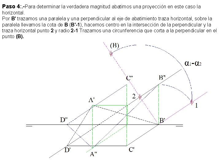 Paso 4: . -Para determinar la verdadera magnitud abatimos una proyección en este caso Paso 4: . -Para determinar la verdadera magnitud abatimos una proyección en este caso
