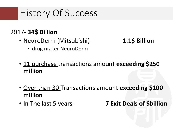 History Of Success 2017 - 34$ Billion • Neuro. Derm (Mitsubishi)- 1. 1$ Billion History Of Success 2017 - 34$ Billion • Neuro. Derm (Mitsubishi)- 1. 1$ Billion