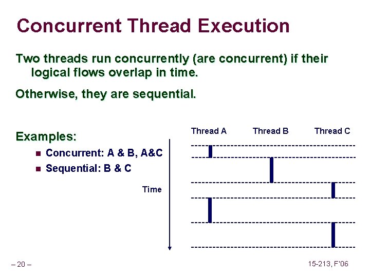 Concurrent Thread Execution Two threads run concurrently (are concurrent) if their logical flows overlap