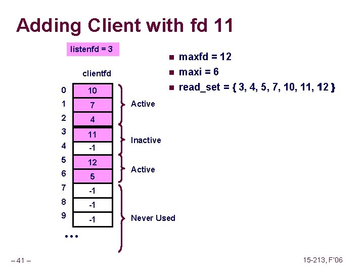 Adding Client with fd 11 listenfd = 3 clientfd 0 10 1 7 2