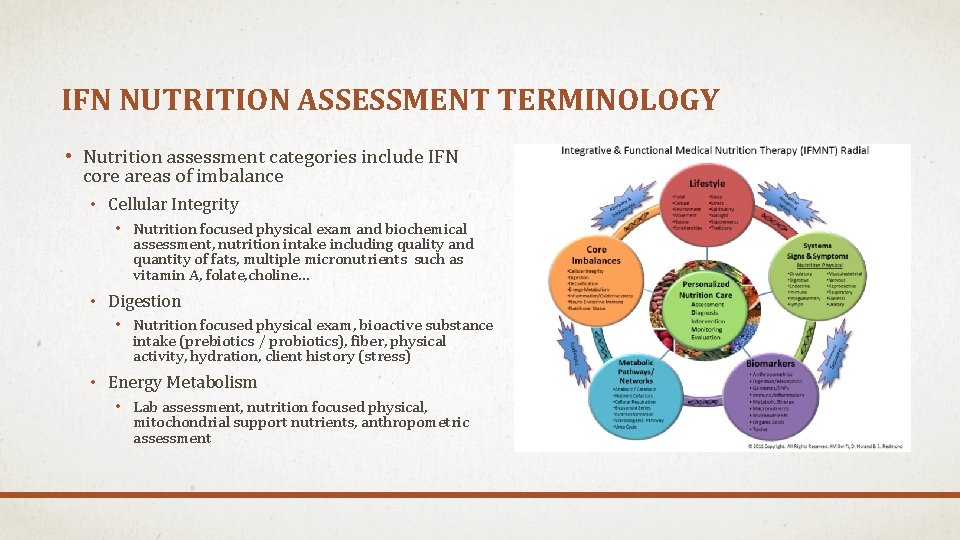 IFN NUTRITION ASSESSMENT TERMINOLOGY • Nutrition assessment categories include IFN core areas of imbalance