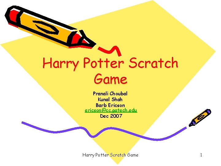 Harry Potter Scratch Game Pranali Choubal Kunal Shah Barb Ericson ericson@cc. gatech. edu Dec