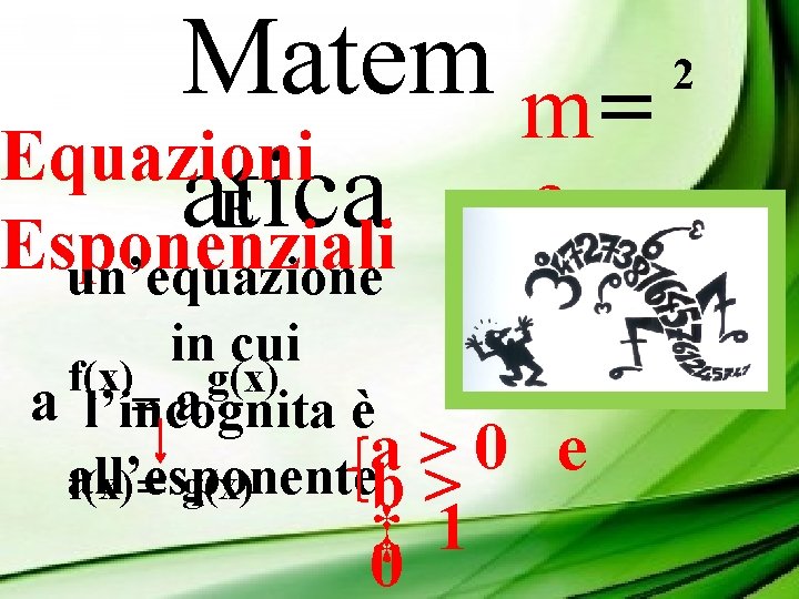 Matem m= Equazioni atica È f Esponenziali un’equazione in cui f(x) g(x) a l’incognita