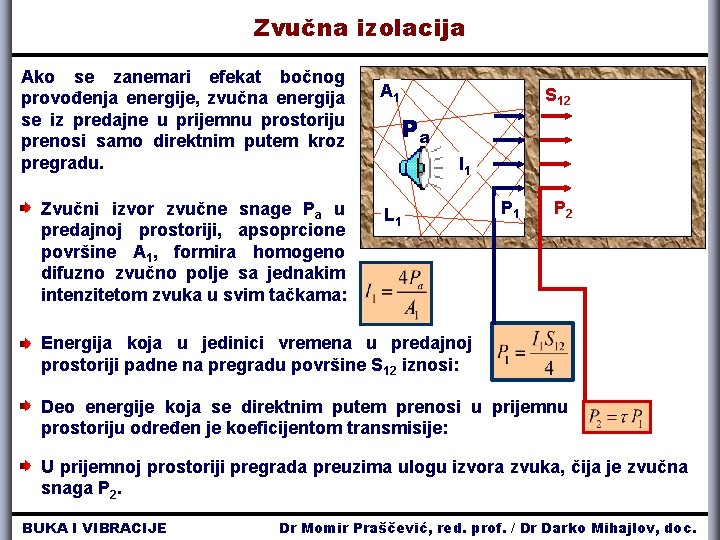 Zvučna izolacija Ako se zanemari efekat bočnog provođenja energije, zvučna energija se iz predajne Zvučna izolacija Ako se zanemari efekat bočnog provođenja energije, zvučna energija se iz predajne