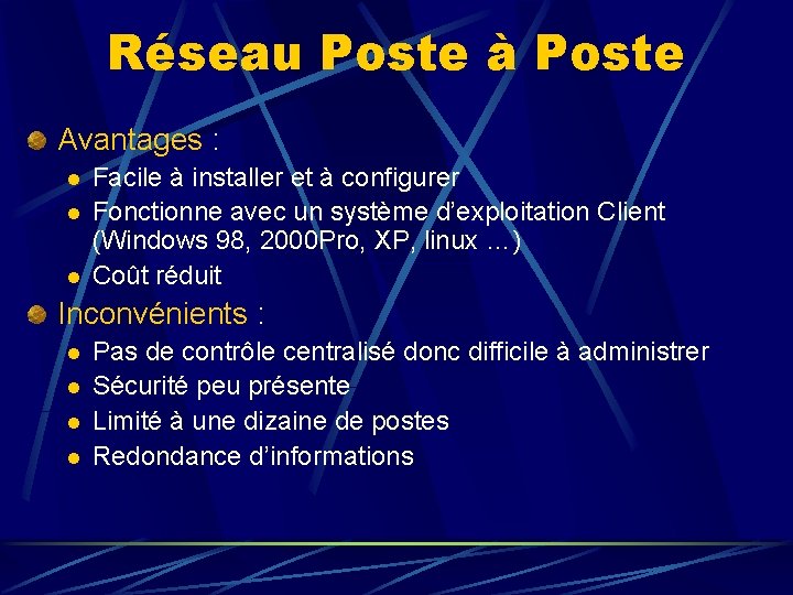Réseau Poste à Poste Avantages : l l l Facile à installer et à