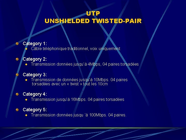 UTP UNSHIELDED TWISTED-PAIR Category 1: l Câble téléphonique traditionnel, voix uniquement Category 2: l